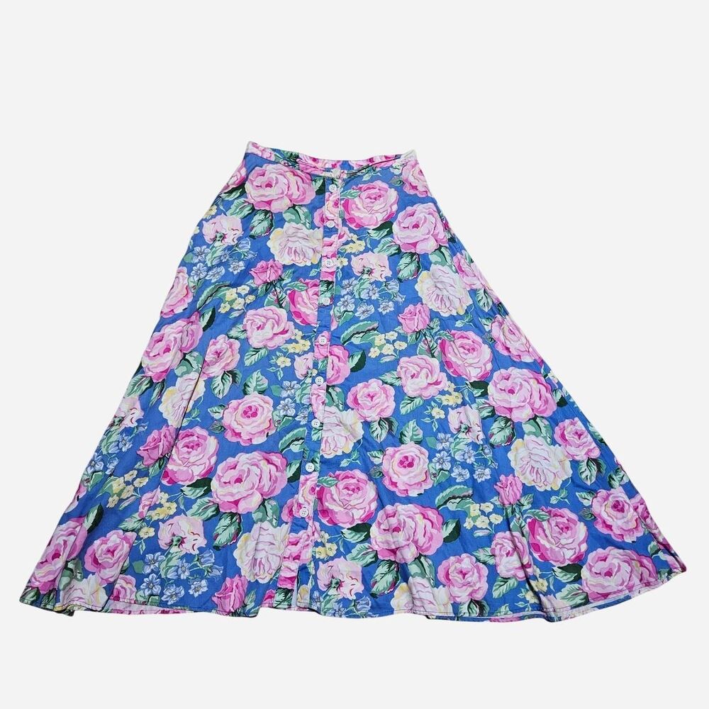 80s cottagecore grandmacore blue pink roses midi skirt with front buttons